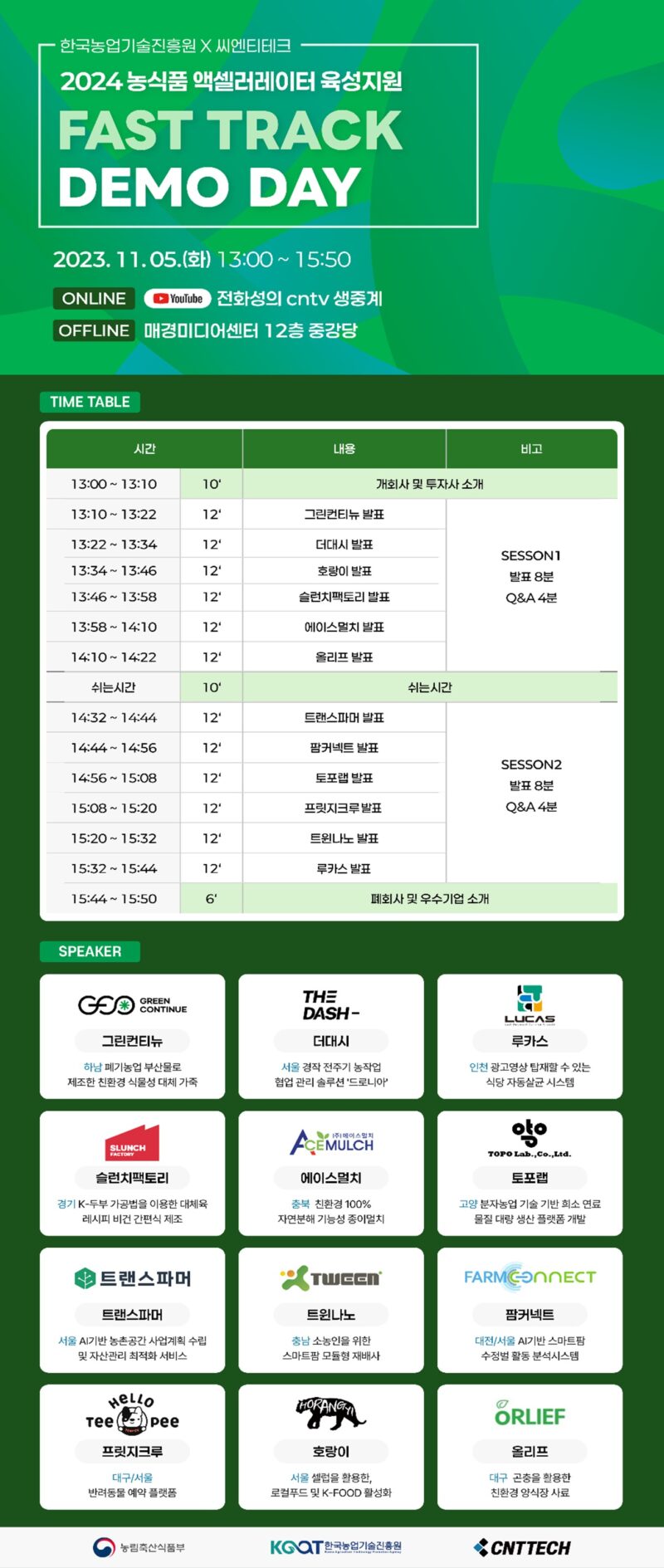 씨엔티테크, 2024 패스트트랙 데모데이 개최(11/5).. “농식품 우수 창업팀 발굴 및 투자" 1 2024 Fast Track Demoday poster - 와우테일