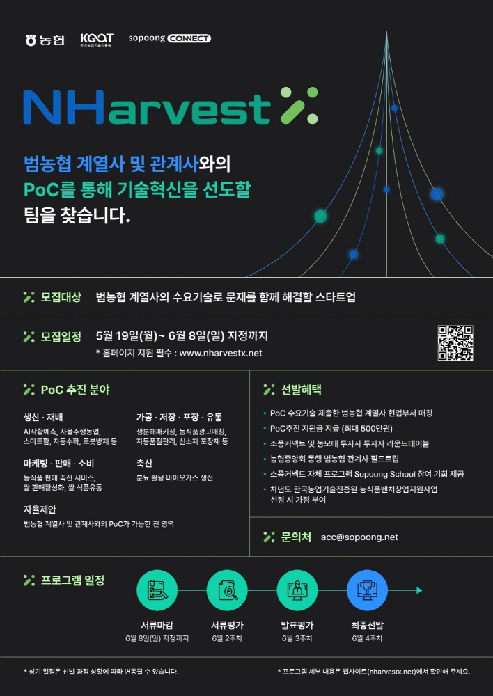 소풍커넥트, 농협과 오픈이노베이션 ‘NHarvestX' 참가팀 모집(~6월8일) 1 사진1. 농협 NHarvestX엔하베스트 엑스 모집 포스터 - 와우테일