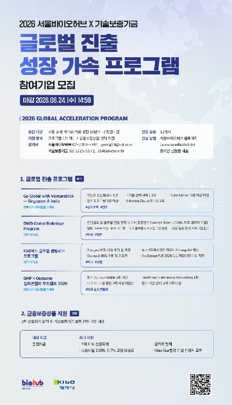 서울바이오허브·기보, 글로벌 진출 바이오 스타트업 12개사 모집(~6월24일) 1 포스터 2026 서울바이오허브 기술보증기금 글로벌 진출 성장 가속 프로그램 참여기업 모집 안내 포스터 - 와우테일